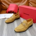 Ferragamo Khaki Suede Metal Buckle Men Casual Formal Slip-On Loafers - Image 7