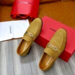 Ferragamo Khaki Suede Metal Buckle Men Casual Formal Slip-On Loafers - Image 3