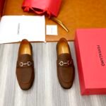 Ferragamo Dark Brown Grain Leather Silver Buckle Men Casual Formal Slip-On Loafers - Image 2