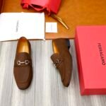 Ferragamo Dark Brown Grain Leather Silver Buckle Men Casual Formal Slip-On Loafers - Image 9