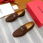 Ferragamo Dark Brown Grain Leather Silver Buckle Men Casual Formal Slip-On Loafers - Image 8
