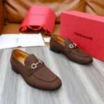 Ferragamo Dark Brown Grain Leather Silver Buckle Men Casual Formal Slip-On Loafers - Image 7