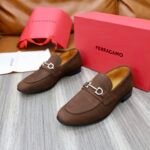 Ferragamo Dark Brown Grain Leather Silver Buckle Men Casual Formal Slip-On Loafers - Image 6
