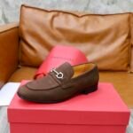 Ferragamo Dark Brown Grain Leather Silver Buckle Men Casual Formal Slip-On Loafers - Image 5