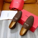 Ferragamo Dark Brown Grain Leather Silver Buckle Men Casual Formal Slip-On Loafers