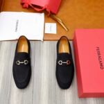 Ferragamo Black Matte Suede Color Matching Buckle Men Casual Slip-On Loafers - Image 2