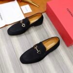 Ferragamo Black Matte Suede Color Matching Buckle Men Casual Slip-On Loafers - Image 7