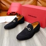 Ferragamo Black Matte Suede Color Matching Buckle Men Casual Slip-On Loafers - Image 5
