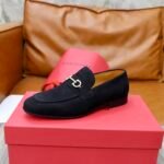 Ferragamo Black Matte Suede Color Matching Buckle Men Casual Slip-On Loafers - Image 4