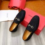Ferragamo Black Matte Suede Color Matching Buckle Men Casual Slip-On Loafers