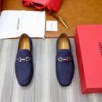 Ferragamo Navy Blue Pebbled Leather Gancini Men Casual Slip-On Loafers - Image 2