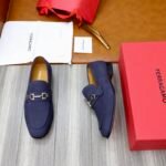 Ferragamo Navy Blue Pebbled Leather Gancini Men Casual Slip-On Loafers - Image 9