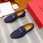 Ferragamo Navy Blue Pebbled Leather Gancini Men Casual Slip-On Loafers - Image 8