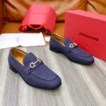 Ferragamo Navy Blue Pebbled Leather Gancini Men Casual Slip-On Loafers - Image 7