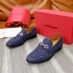 Ferragamo Navy Blue Pebbled Leather Gancini Men Casual Slip-On Loafers - Image 6