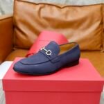 Ferragamo Navy Blue Pebbled Leather Gancini Men Casual Slip-On Loafers - Image 5