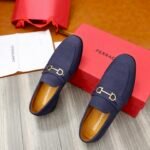 Ferragamo Navy Blue Pebbled Leather Gancini Men Casual Slip-On Loafers