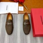 Ferragamo Olive Brown Pebbled Leather Gancini Men Slip-On Loafers - Image 2