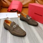 Ferragamo Olive Brown Pebbled Leather Gancini Men Slip-On Loafers - Image 7