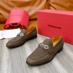 Ferragamo Olive Brown Pebbled Leather Gancini Men Slip-On Loafers - Image 6