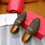 Ferragamo Olive Brown Pebbled Leather Gancini Men Slip-On Loafers