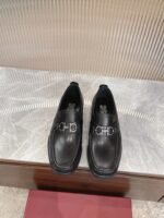 Ferragamo Black Leather Gunmetal Buckle Thick Sole Men Casual Formal Loafers