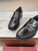 Ferragamo Black Leather Gunmetal Buckle Thick Sole Men Casual Formal Loafers - Image 7