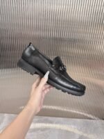 Ferragamo Black Leather Gunmetal Buckle Thick Sole Men Casual Formal Loafers - Image 5