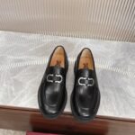 Ferragamo Black Polished Leather Silver Buckle Thick Sole Men Slip-On Loafers
