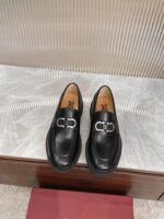 Ferragamo Black Polished Leather Silver Buckle Thick Sole Men Slip-On Loafers
