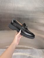 Ferragamo Black Polished Leather Silver Buckle Thick Sole Men Slip-On Loafers - Image 7