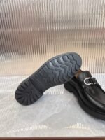 Ferragamo Black Polished Leather Silver Buckle Thick Sole Men Slip-On Loafers - Image 3