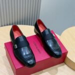 Ferragamo Black Smooth Leather Grosgrain Strap Men Formal Slip-On Loafers
