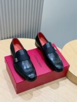 Ferragamo Black Smooth Leather Grosgrain Strap Men Formal Slip-On Loafers