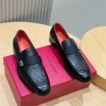 Ferragamo Black Embossed Leather Grosgrain Strap Men Formal Slip-On Loafers