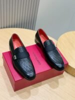 Ferragamo Black Embossed Leather Grosgrain Strap Men Formal Slip-On Loafers