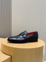 Ferragamo Black Embossed Leather Grosgrain Strap Men Formal Slip-On Loafers - Image 2