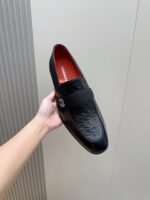 Ferragamo Black Embossed Leather Grosgrain Strap Men Formal Slip-On Loafers - Image 8