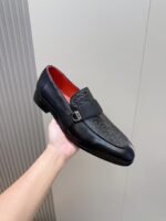 Ferragamo Black Embossed Leather Grosgrain Strap Men Formal Slip-On Loafers - Image 7