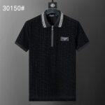Balmian Black Jacquard Striped Zip Collar Men Casual Short Sleeve Polo Shirt