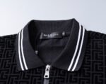 Balmian Black Jacquard Striped Zip Collar Men Casual Short Sleeve Polo Shirt - Image 9