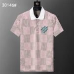 Louis Vuitton Pink Check Polka Dot Contrast Collar Men Casual Short Sleeve Polo Shirt