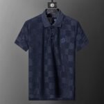 Louis Vuitton Navy Check Polka Dot Contrast Collar Men Casual Short Sleeve Polo Shirt