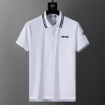 Moncler Black Striped Collar Letter Embroidered Men Short Sleeve Polo Shirt In White