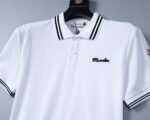 Moncler Black Striped Collar Letter Embroidered Men Short Sleeve Polo Shirt In White - Image 9
