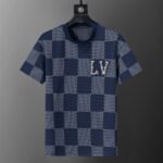 Louis Vuitton Navy Checkerboard Jacquard Rhinestone Letter Men Casual Short Sleeve T-Shirt