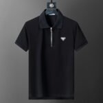 Prada Black Half Zip Neck Triangle Badge Men Casual Short Sleeve Polo Shirt