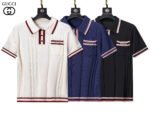 Gucci Multicolor Vertical Ribbed Stripe Collar Pocket Logo Men Short Sleeve Knit Polo Shirt