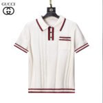 Gucci Multicolor Vertical Ribbed Stripe Collar Pocket Logo Men Short Sleeve Knit Polo Shirt - Image 4