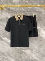 Gucci Black Monogram Collar Half-Zip Polo & Drawstring Shorts Two-Piece Men Set
